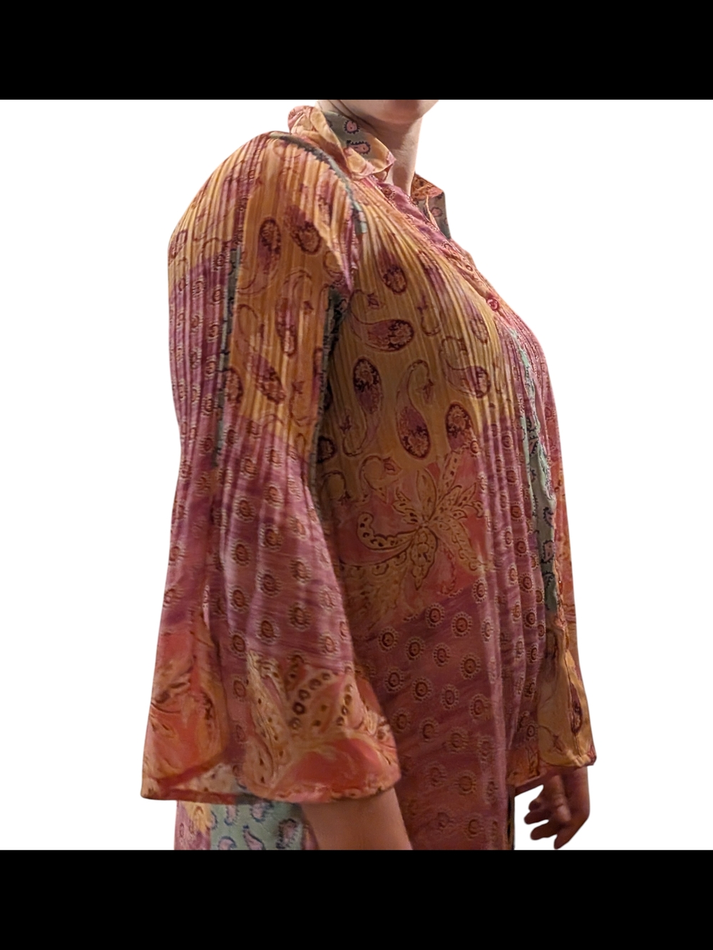 Lightweight Paisley Patchwork Button-Front Blouse - Pink & Yellow - Picture 3 of 5
